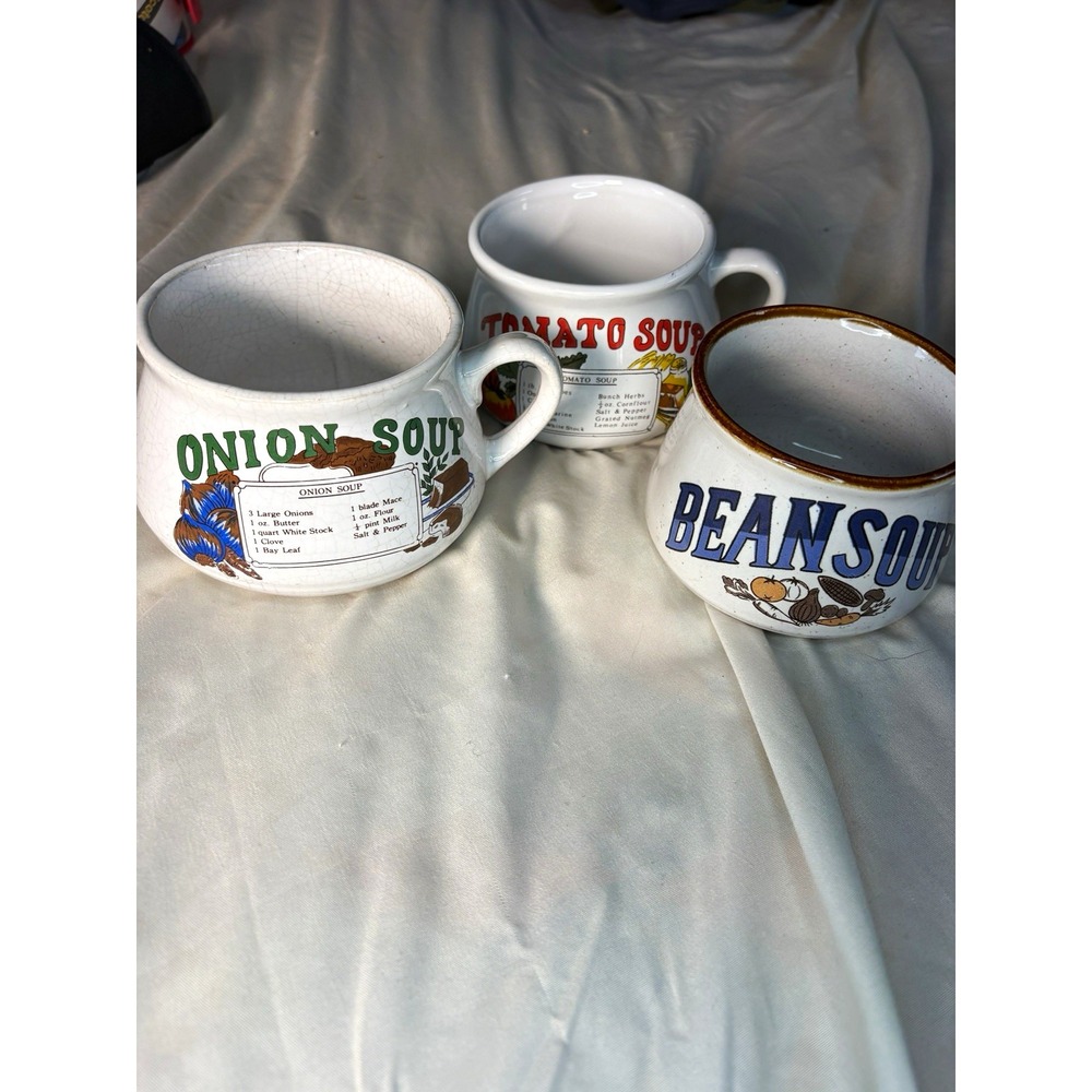 (3) Vintage Recipe Ceramic Soup Mug Bowls Bean, Tomato, Onion Set  of 3
